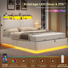 AOGLLATI Lit avec rangement 140 x 190 équipé d'un éclairage LED RGB de plusieurs prises électriques et de nombreux espaces de rangement lit double en velours côtelé beige