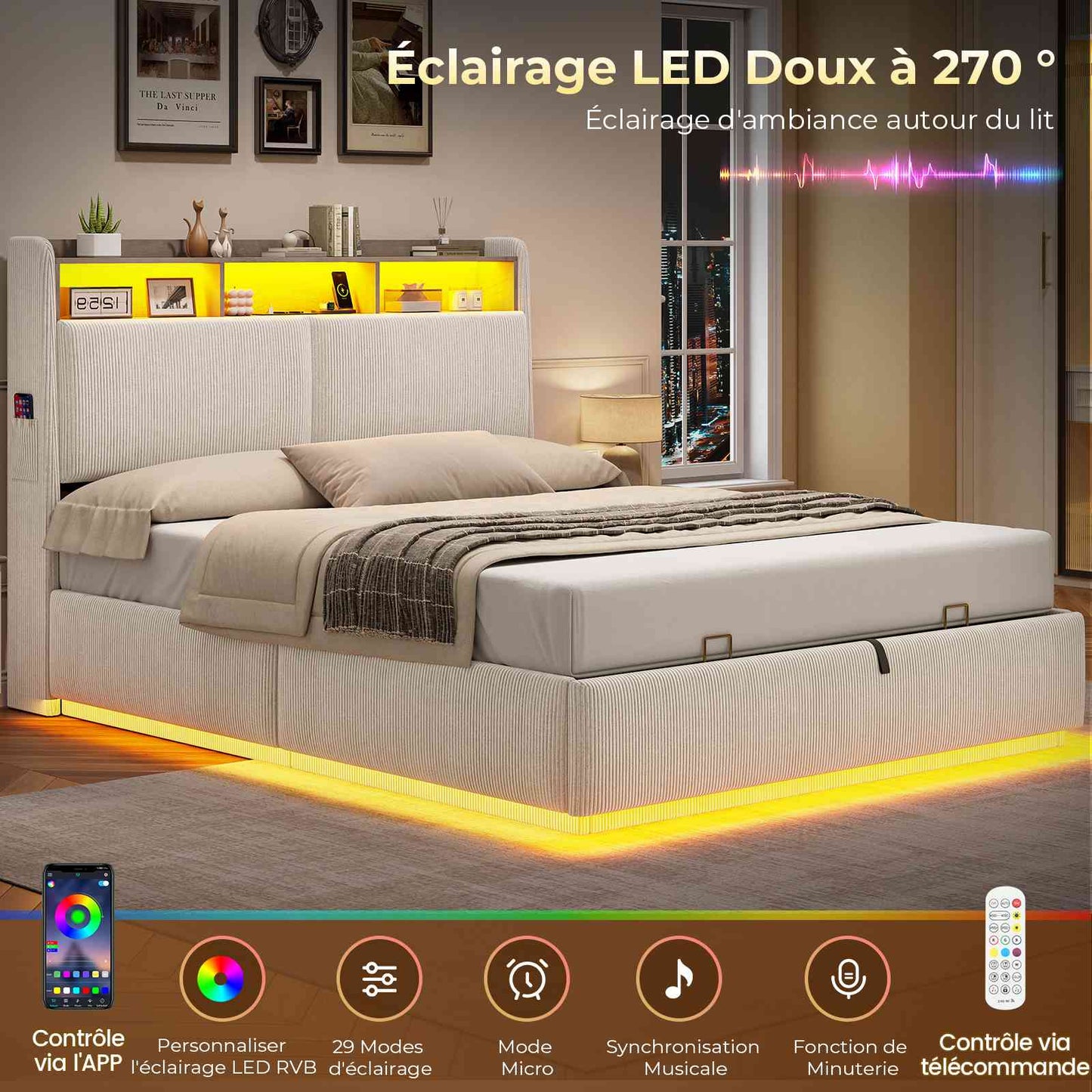 AOGLLATI Lit avec rangement 140 x 190 équipé d'un éclairage LED RGB de plusieurs prises électriques et de nombreux espaces de rangement lit double en velours côtelé beige