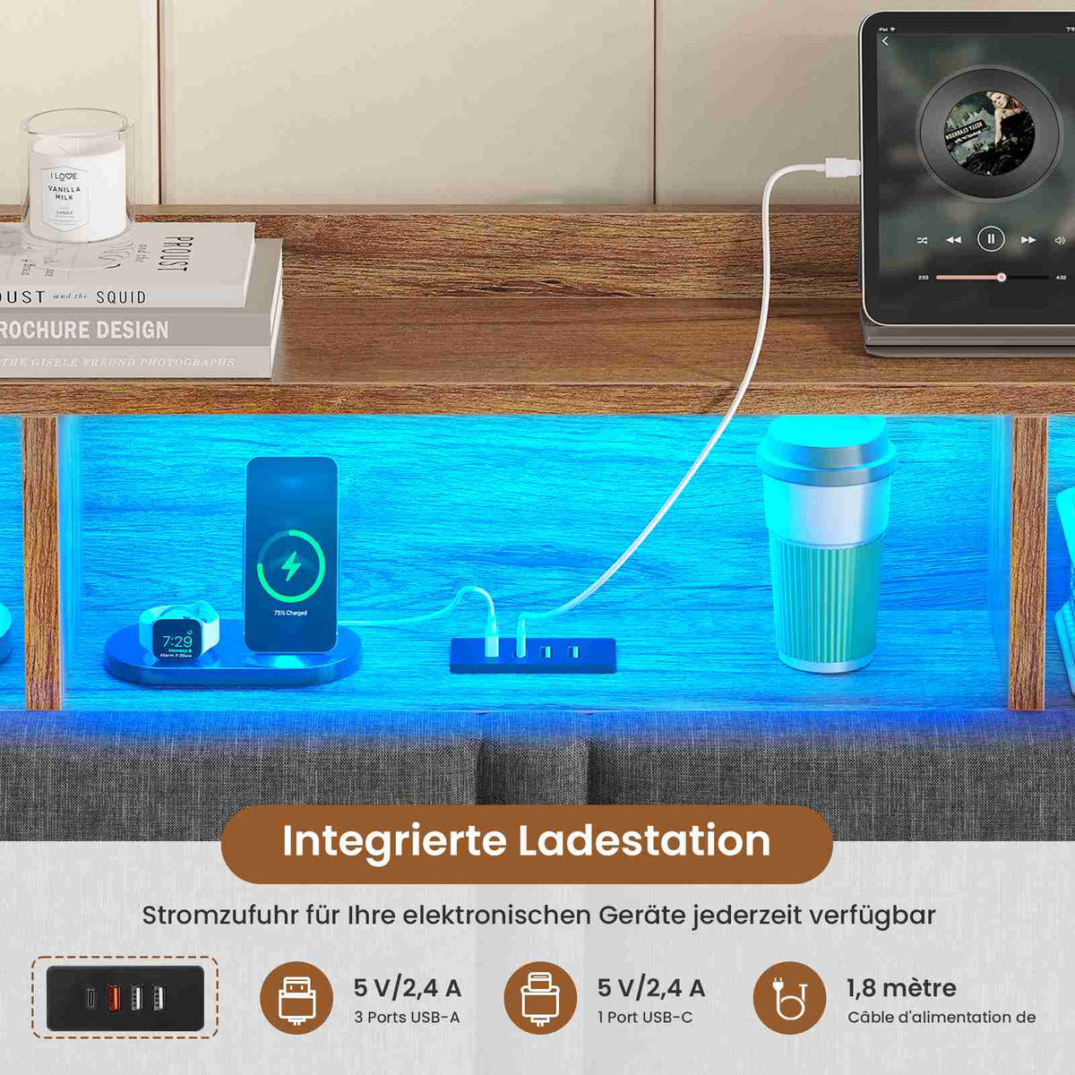 AOGLLATI  140x200 Lit de stockage hydraulique avec lumière LED et prises électriques plusieurs espaces de stockage sans matelas housse de