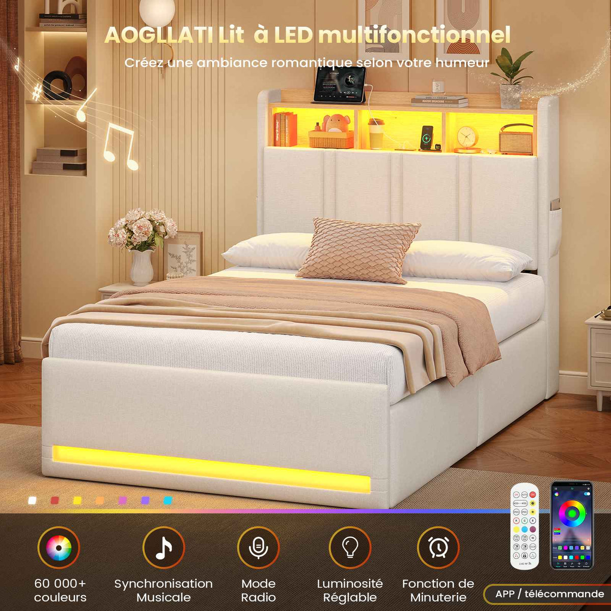 AOGLLATI  140x200 Lit de stockage hydraulique avec lumière LED et prises électriques plusieurs espaces de stockage sans matelas housse de