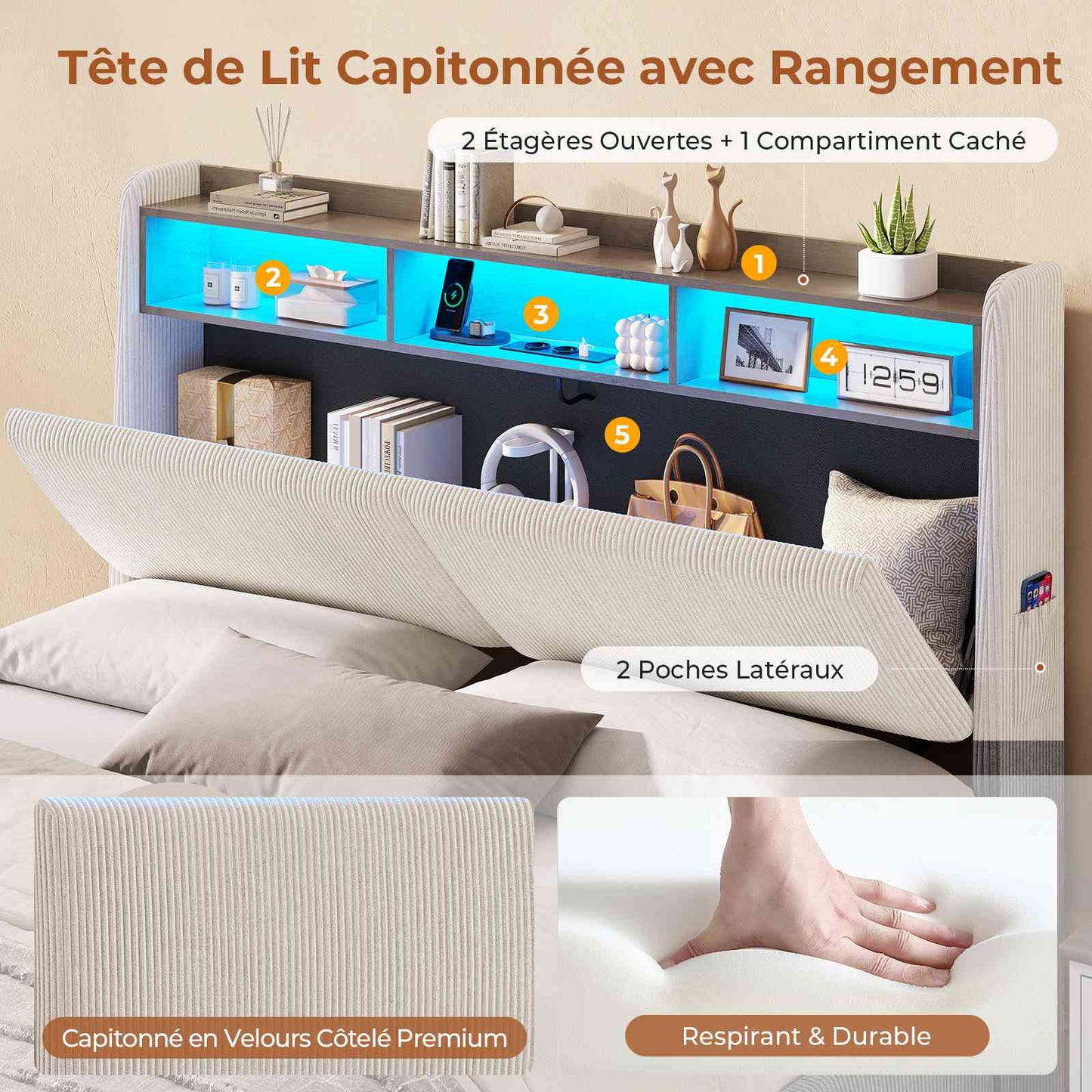 AOGLLATI Lit avec rangement 140 x 200 équipé d'un éclairage LED RGB de plusieurs prises électriques et de nombreux espaces de rangement lit double en velours côtelé beige