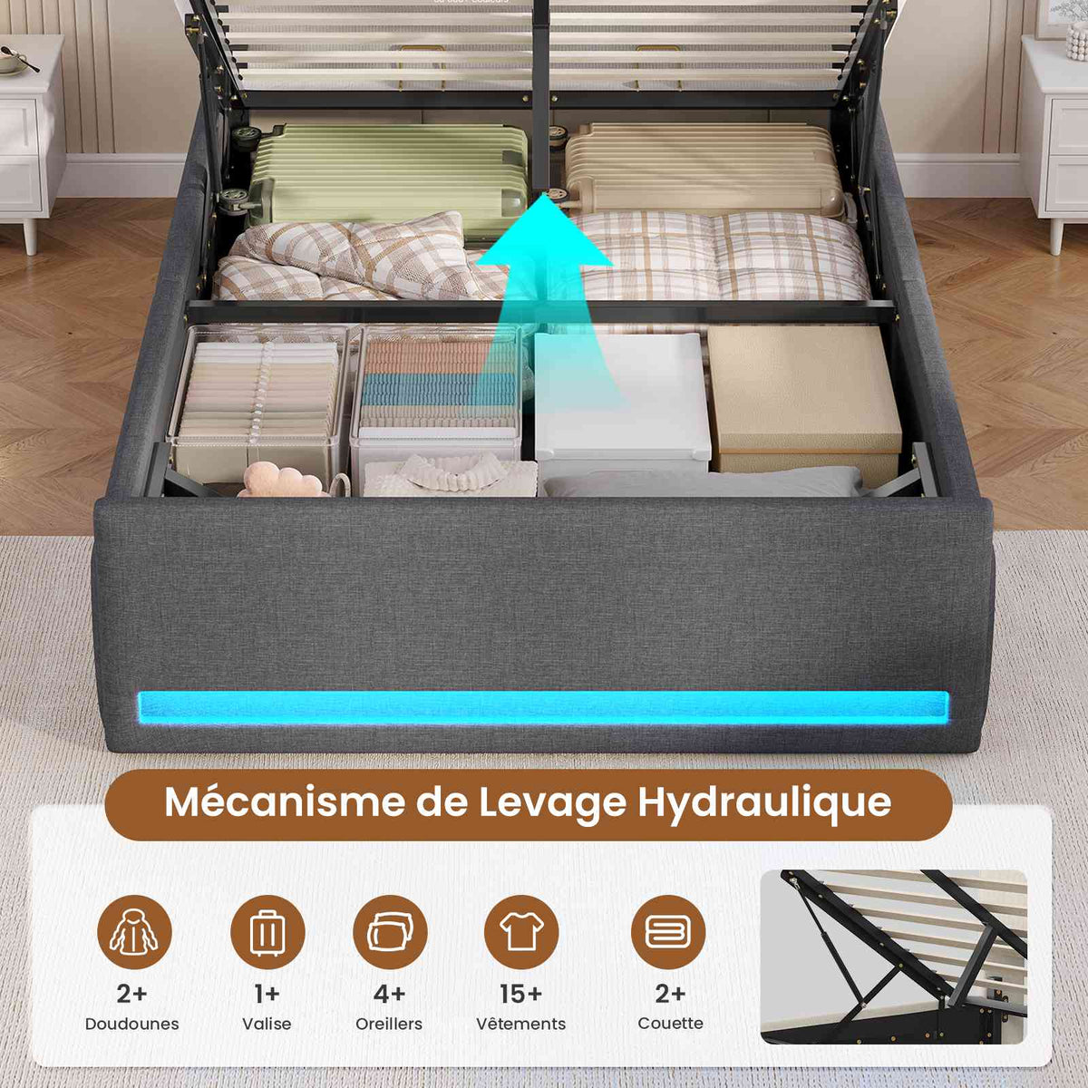 AOGLLATI  140x200 Lit de stockage hydraulique avec lumière LED et prises électriques plusieurs espaces de stockage sans matelas housse de