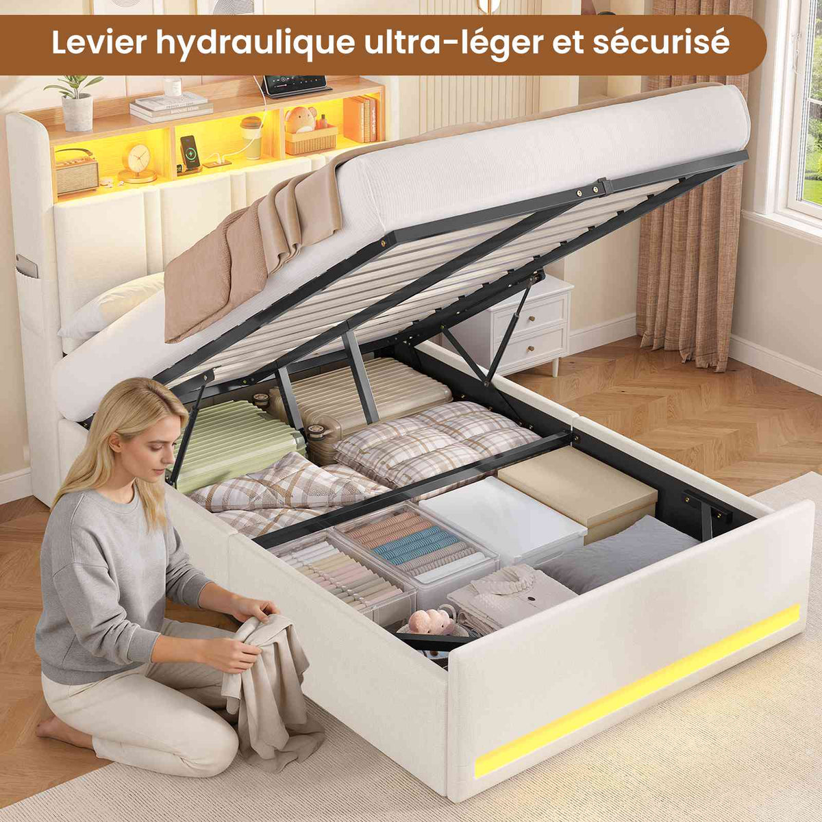 AOGLLATI  140x200 Lit de stockage hydraulique avec lumière LED et prises électriques plusieurs espaces de stockage sans matelas housse de