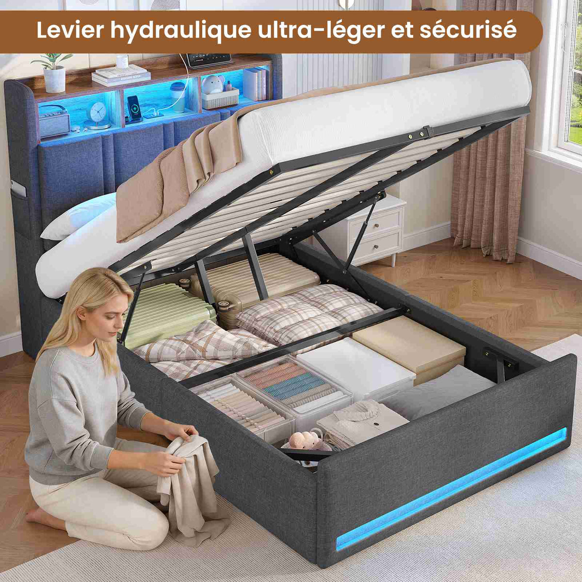 AOGLLATI  140x200 Lit de stockage hydraulique avec lumière LED et prises électriques plusieurs espaces de stockage sans matelas housse de