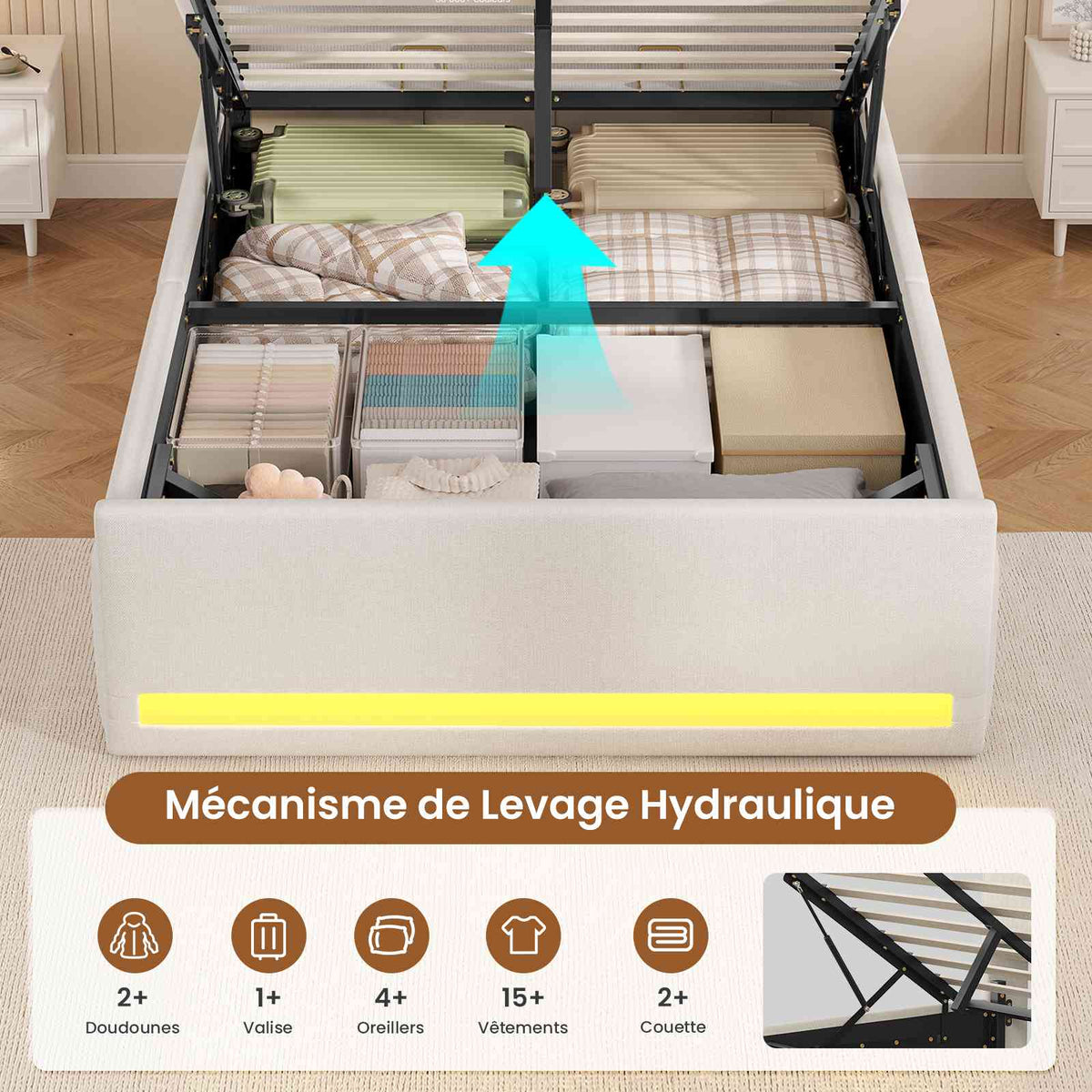 AOGLLATI  140x200 Lit de stockage hydraulique avec lumière LED et prises électriques plusieurs espaces de stockage sans matelas housse de