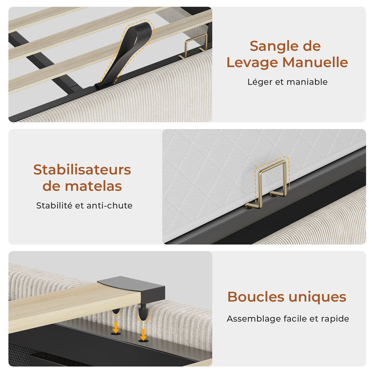 AOGLLATI Lit de 90 × 200 équipé d'un éclairage LED et de plusieurs prises électriques avec une tête de lit rembourrée et des espaces de rangement dissimulés lit d'enfant en velours côtelé blanc