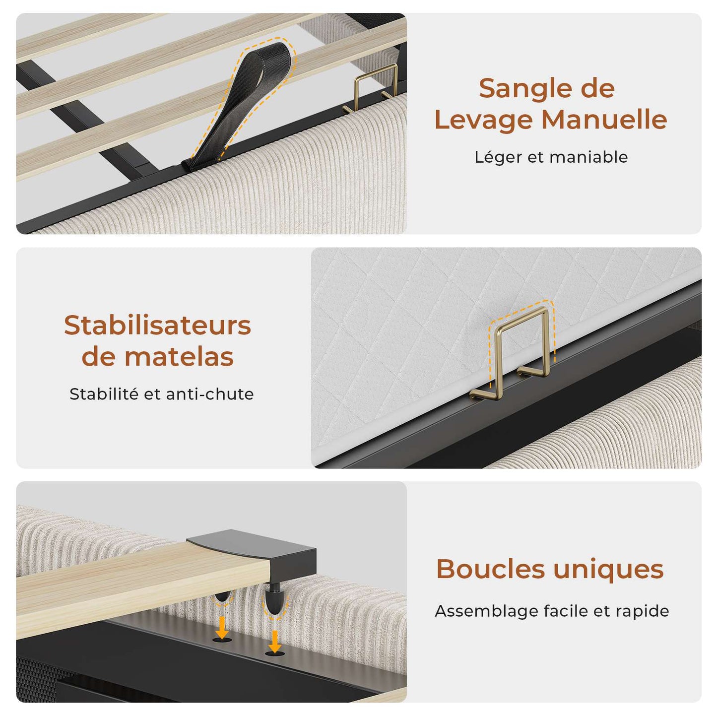 AOGLLATI Lit avec rangement 140 x 190 équipé d'un éclairage LED RGB de plusieurs prises électriques et de nombreux espaces de rangement lit double en velours côtelé beige