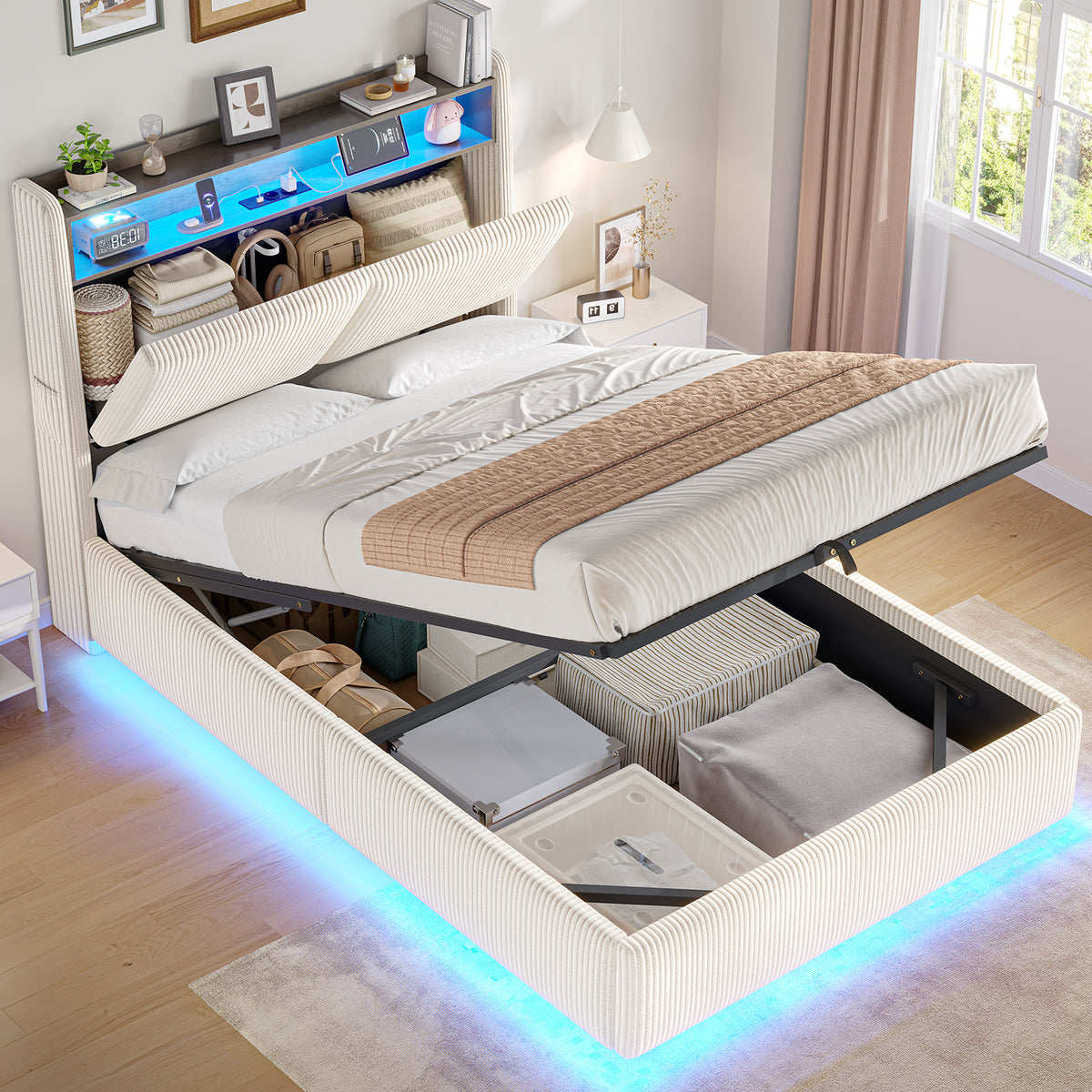 AOGLLATI Lit de 90 × 200 équipé d'un éclairage LED et de plusieurs prises électriques avec une tête de lit rembourrée et des espaces de rangement dissimulés lit d'enfant en velours côtelé blanc