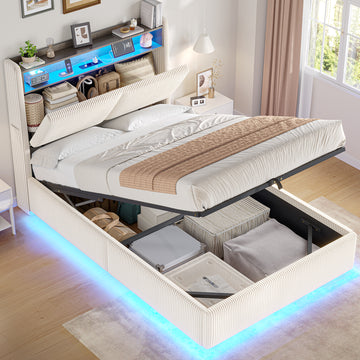 AOGLLATI Lit de 90 × 200 équipé d'un éclairage LED et de plusieurs prises électriques avec une tête de lit rembourrée et des espaces de rangement dissimulés lit d'enfant en velours côtelé blanc