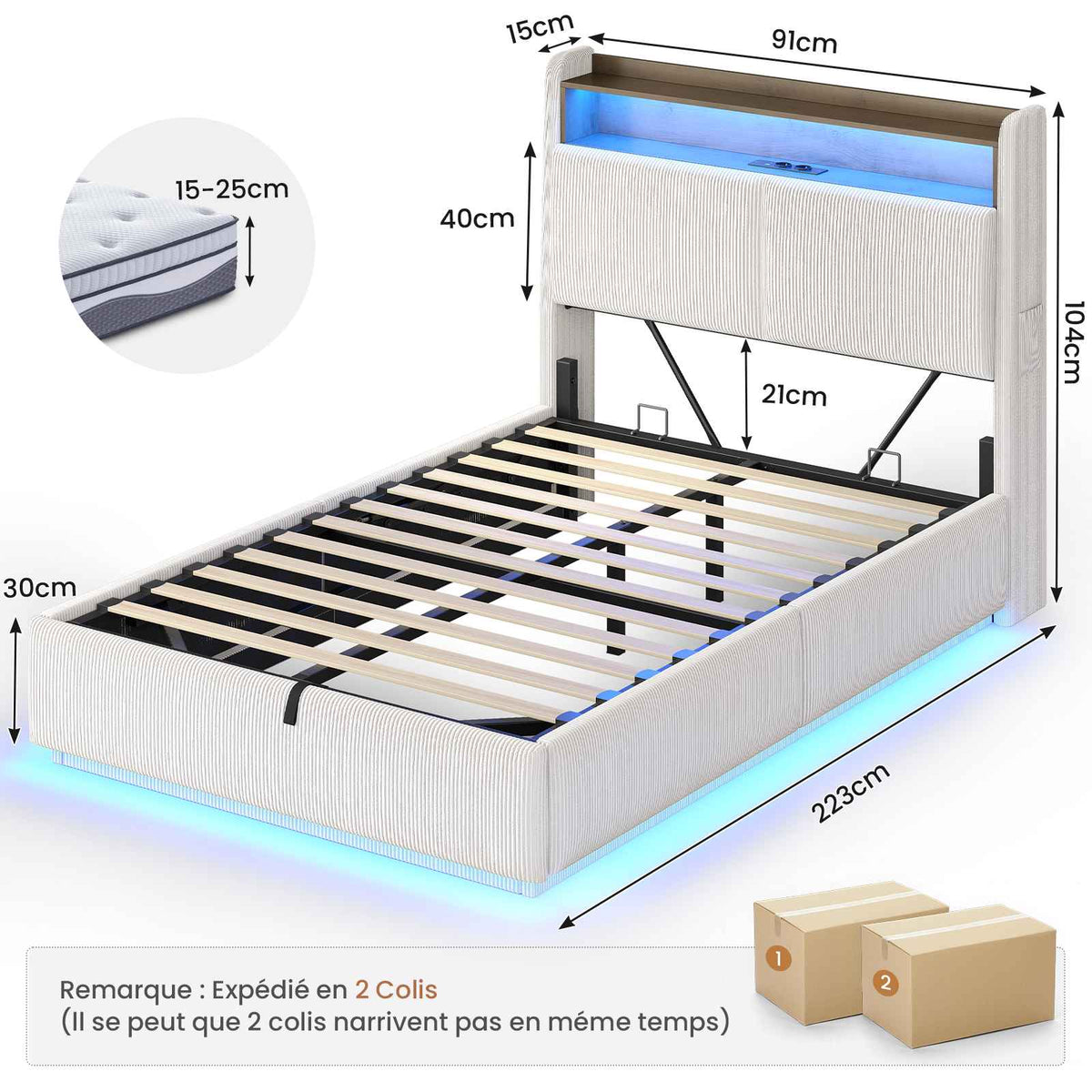 AOGLLATI Lit de 90 × 200 équipé d'un éclairage LED et de plusieurs prises électriques avec une tête de lit rembourrée et des espaces de rangement dissimulés lit d'enfant en velours côtelé blanc