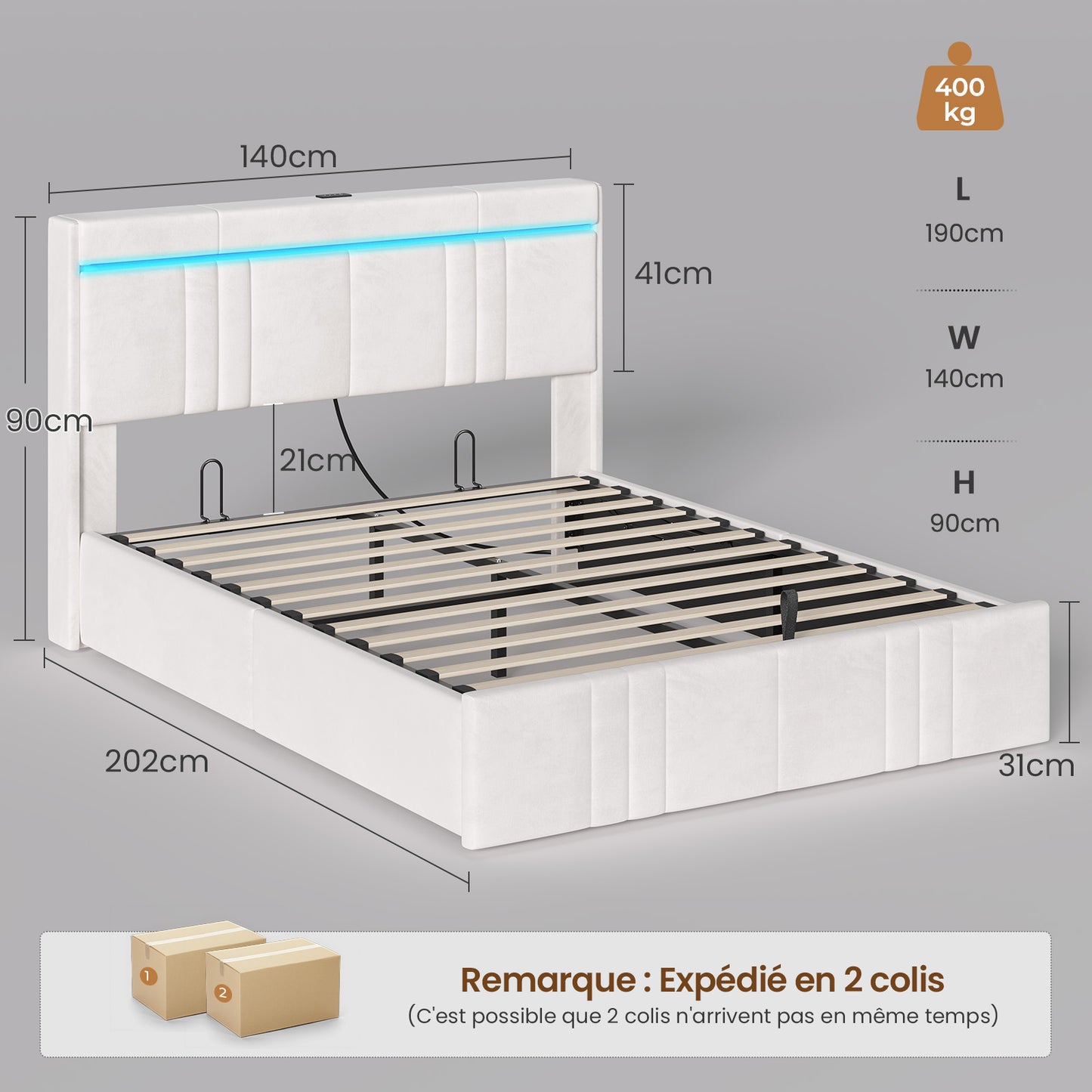 AOGLLATI  140x190Lit double  avec nombreux espaces de rangement éclairage LED port USB et multiprise avec tête de lit rembourrée
