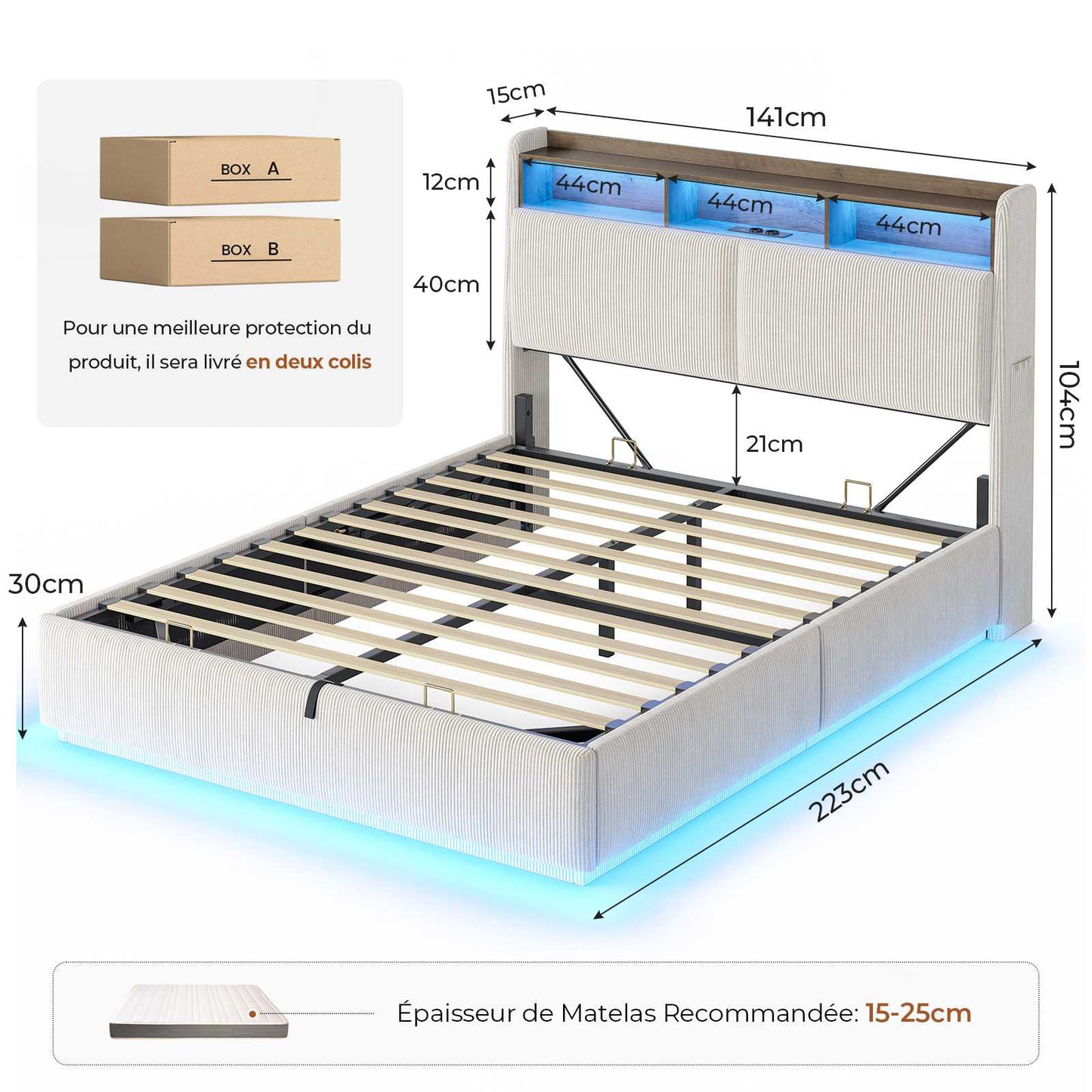 AOGLLATI Lit avec rangement 140 x 200 équipé d'un éclairage LED RGB de plusieurs prises électriques et de nombreux espaces de rangement lit double en velours côtelé beige