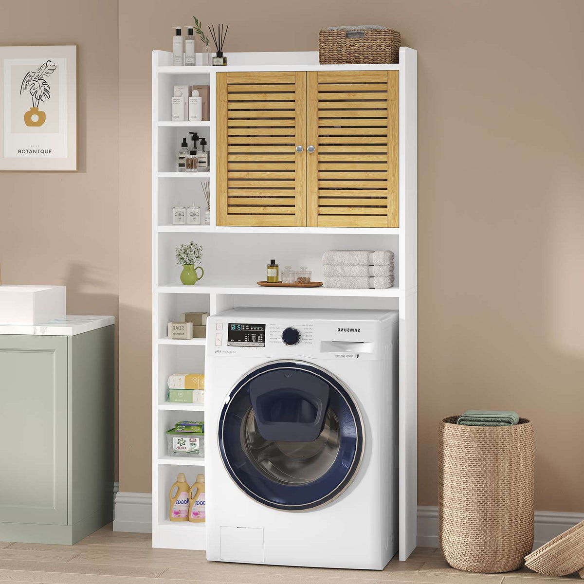 AOGLLATI Meuble Machine à Laver Meuble Toilettes WC Rangement avec 7 Compartiments Armoire de Salle de Bain avec Étagères réglables 173×82×20 cm