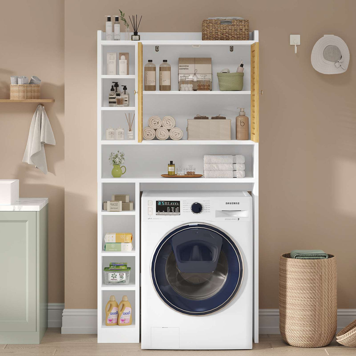 AOGLLATI Meuble Machine à Laver Meuble Toilettes WC Rangement avec 7 Compartiments Armoire de Salle de Bain avec Étagères réglables 173×82×20 cm