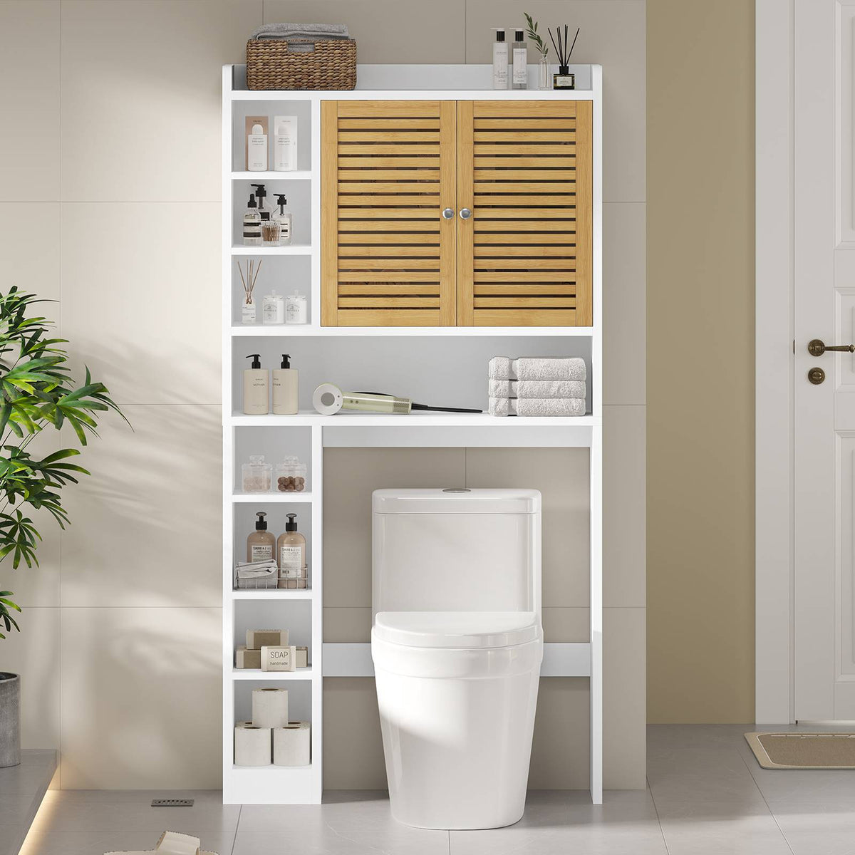 AOGLLATI Meuble Machine à Laver Meuble Toilettes WC Rangement avec 7 Compartiments Armoire de Salle de Bain avec Étagères réglables 173×82×20 cm