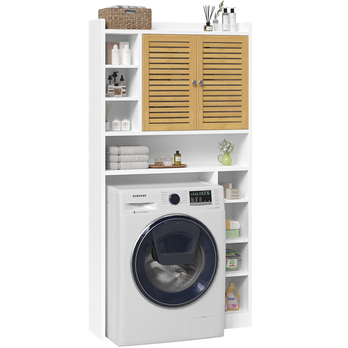 AOGLLATI Meuble Machine à Laver Meuble Toilettes WC Rangement avec 7 Compartiments Armoire de Salle de Bain avec Étagères réglables 173×82×20 cm