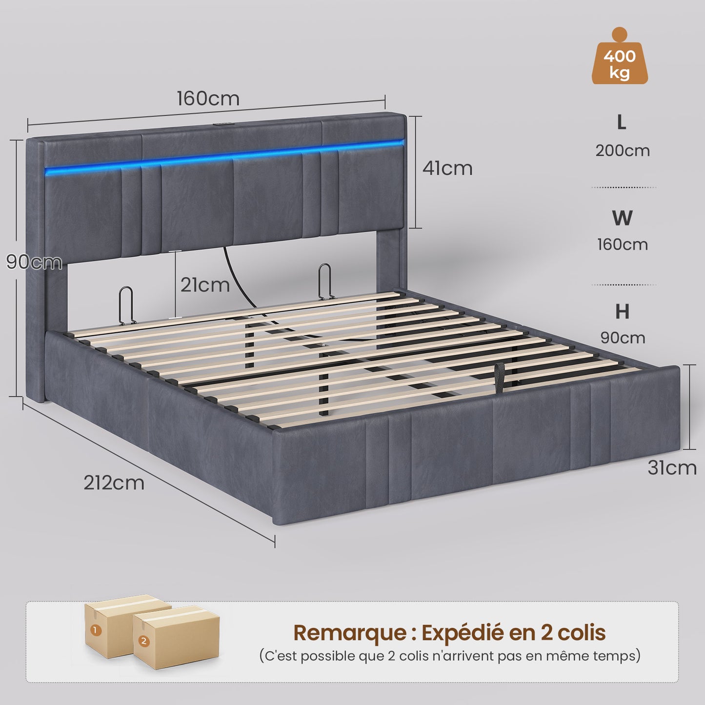 AOGLLATI  160x200Lit double  avec nombreux espaces de rangement éclairage LED port USB et multiprise avec tête de lit rembourrée