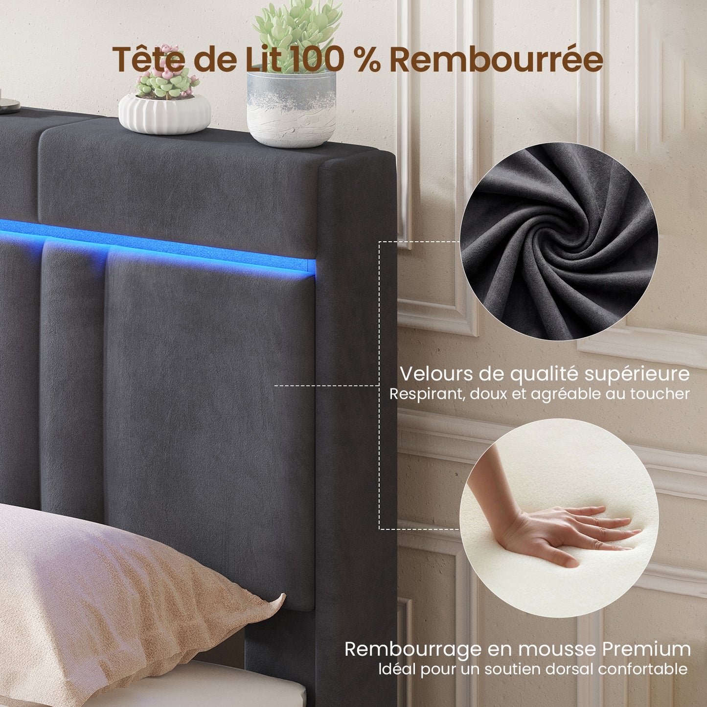 AOGLLATI  140x200Lit double  avec nombreux espaces de rangement éclairage LED port USB et multiprise avec tête de lit rembourrée