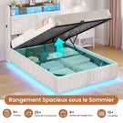 AOGLLATI Lit de 90 × 200 équipé d'un éclairage LED et de plusieurs prises électriques avec une tête de lit rembourrée et des espaces de rangement dissimulés lit d'enfant en velours côtelé blanc