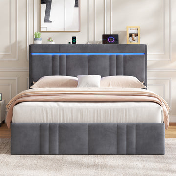 AOGLLATI  160x200Lit double  avec nombreux espaces de rangement éclairage LED port USB et multiprise avec tête de lit rembourrée