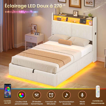 AOGLLATI Lit de 90 × 200 équipé d'un éclairage LED et de plusieurs prises électriques avec une tête de lit rembourrée et des espaces de rangement dissimulés lit d'enfant en velours côtelé blanc