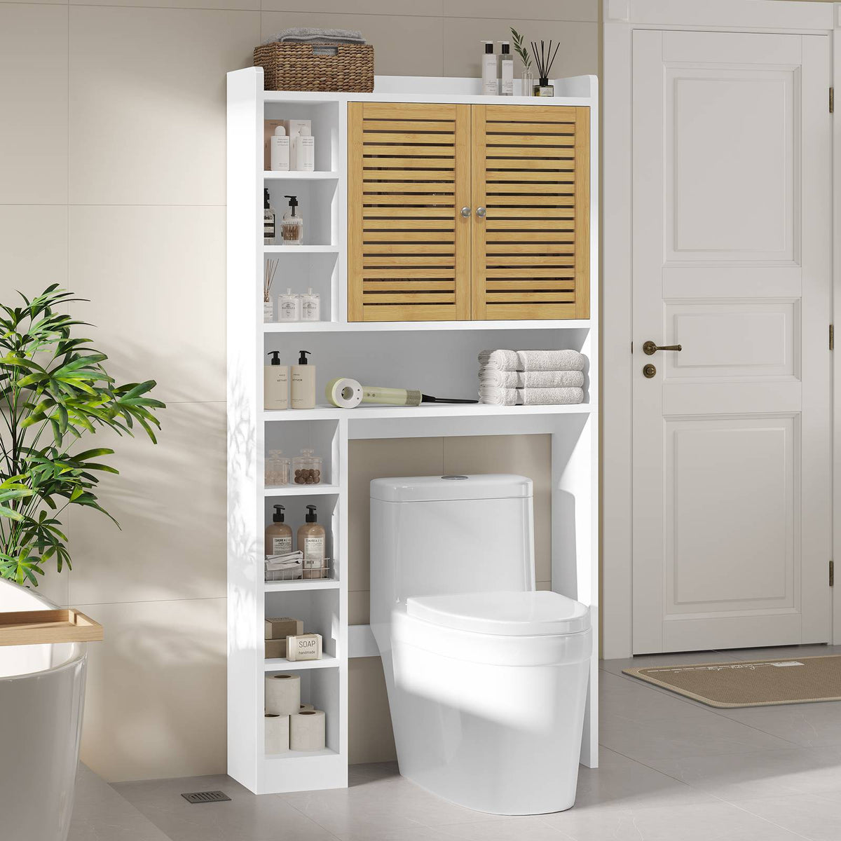 AOGLLATI Meuble Machine à Laver Meuble Toilettes WC Rangement avec 7 Compartiments Armoire de Salle de Bain avec Étagères réglables 173×82×20 cm