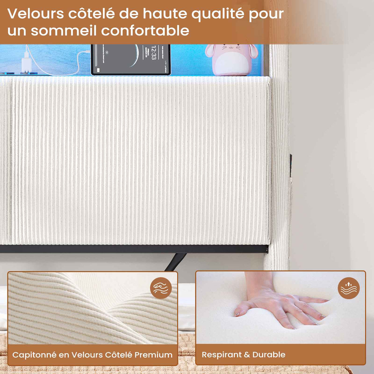 AOGLLATI Lit de 90 × 200 équipé d'un éclairage LED et de plusieurs prises électriques avec une tête de lit rembourrée et des espaces de rangement dissimulés lit d'enfant en velours côtelé blanc