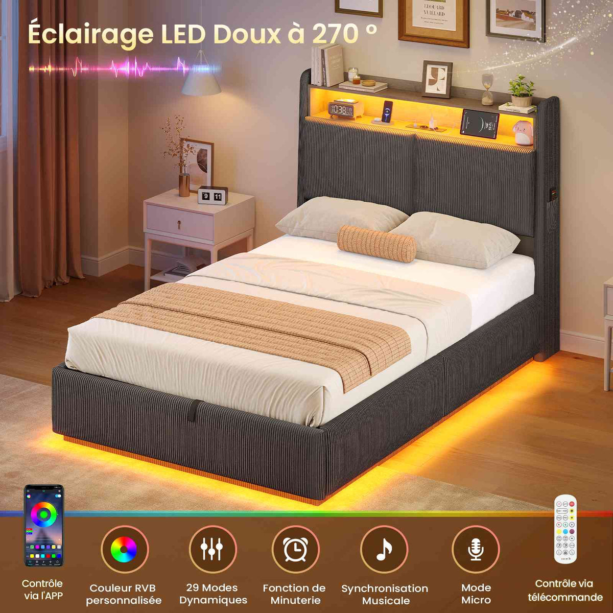 AOGLLATI Lit de 90 × 200 équipé d'un éclairage LED et de plusieurs prises électriques avec une tête de lit rembourrée et des espaces de rangement dissimulés lit d'enfant en velours côtelé blanc