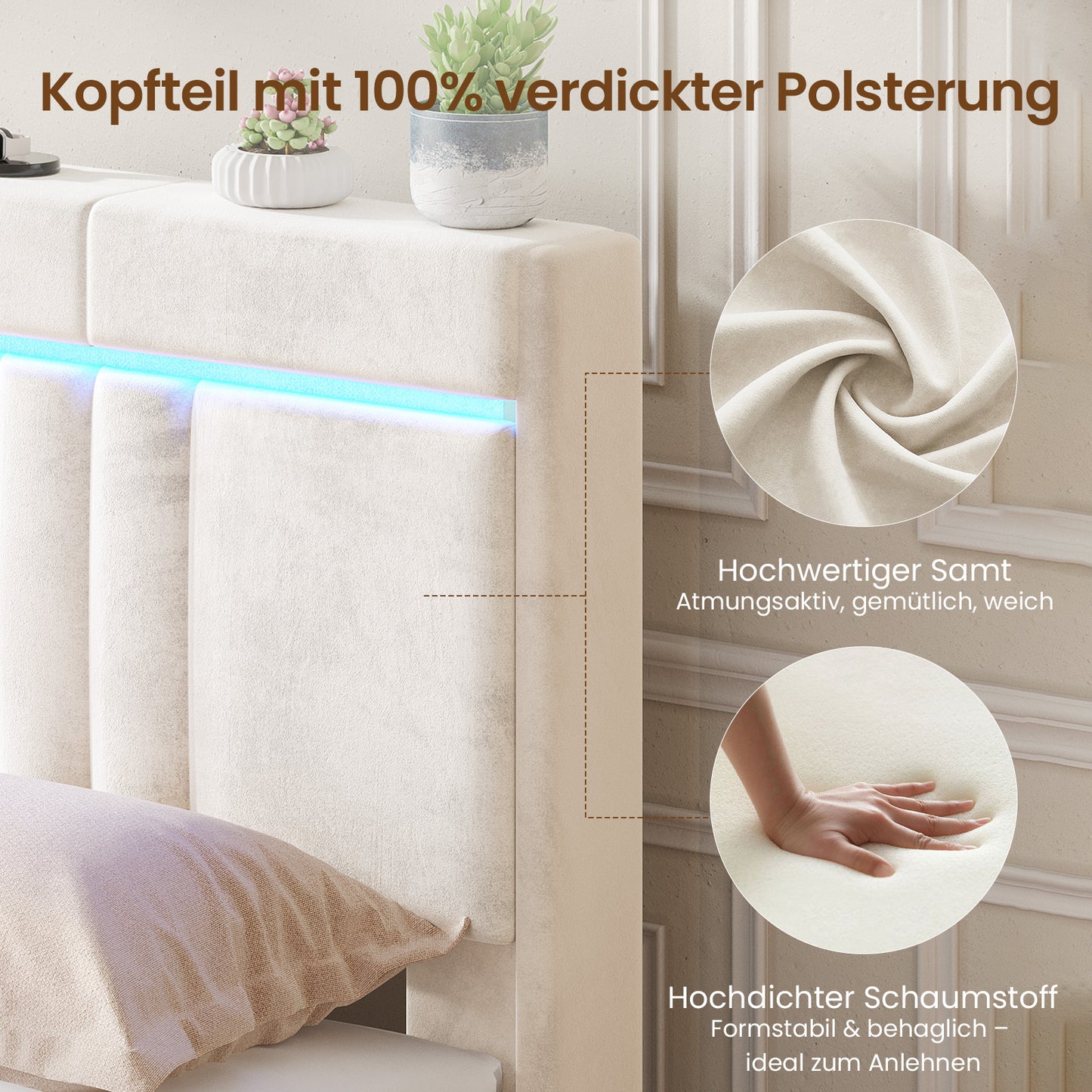 AOGLLATI  140x200Lit double  avec nombreux espaces de rangement éclairage LED port USB et multiprise avec tête de lit rembourrée