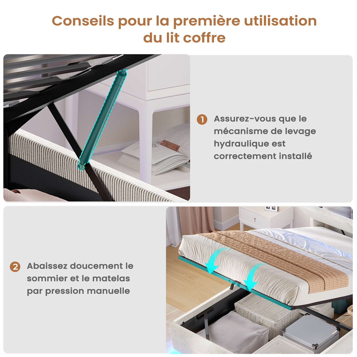 AOGLLATI Lit de 90 × 200 équipé d'un éclairage LED et de plusieurs prises électriques avec une tête de lit rembourrée et des espaces de rangement dissimulés lit d'enfant en velours côtelé blanc