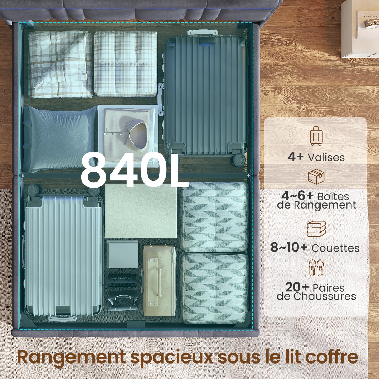 AOGLLATI  140x200Lit double  avec nombreux espaces de rangement éclairage LED port USB et multiprise avec tête de lit rembourrée