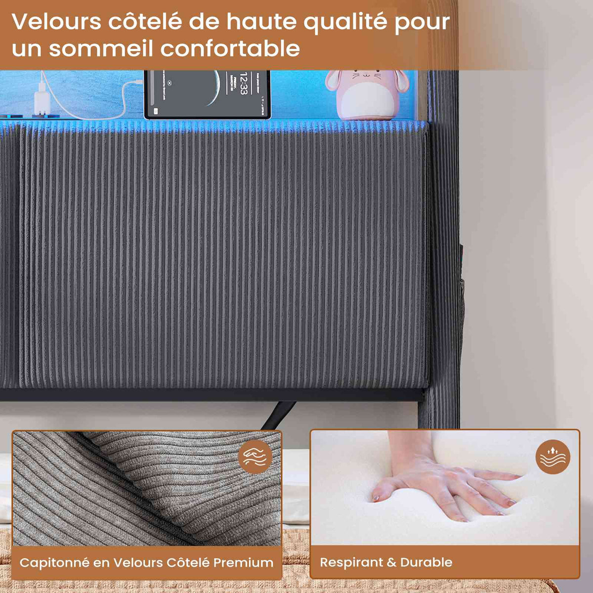 AOGLLATI Lit de 90 × 200 équipé d'un éclairage LED et de plusieurs prises électriques avec une tête de lit rembourrée et des espaces de rangement dissimulés lit d'enfant en velours côtelé blanc