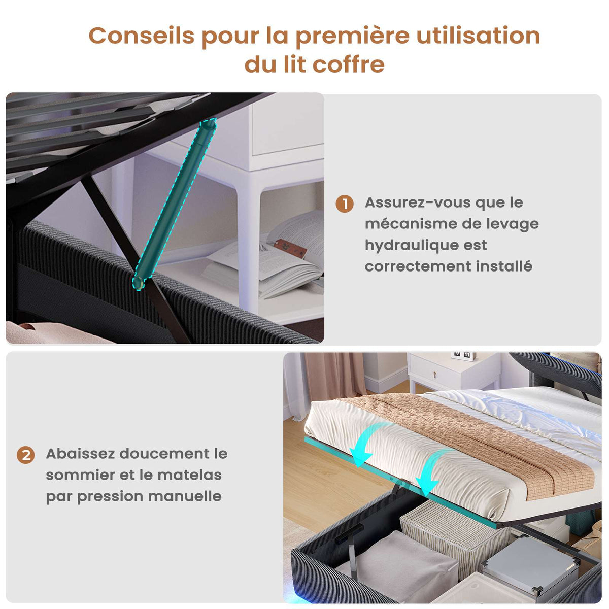 AOGLLATI Lit de 90 × 200 équipé d'un éclairage LED et de plusieurs prises électriques avec une tête de lit rembourrée et des espaces de rangement dissimulés lit d'enfant en velours côtelé blanc