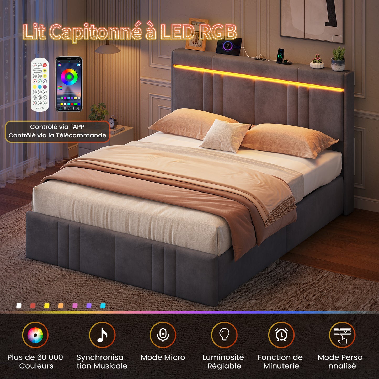 AOGLLATI  140x200Lit double  avec nombreux espaces de rangement éclairage LED port USB et multiprise avec tête de lit rembourrée