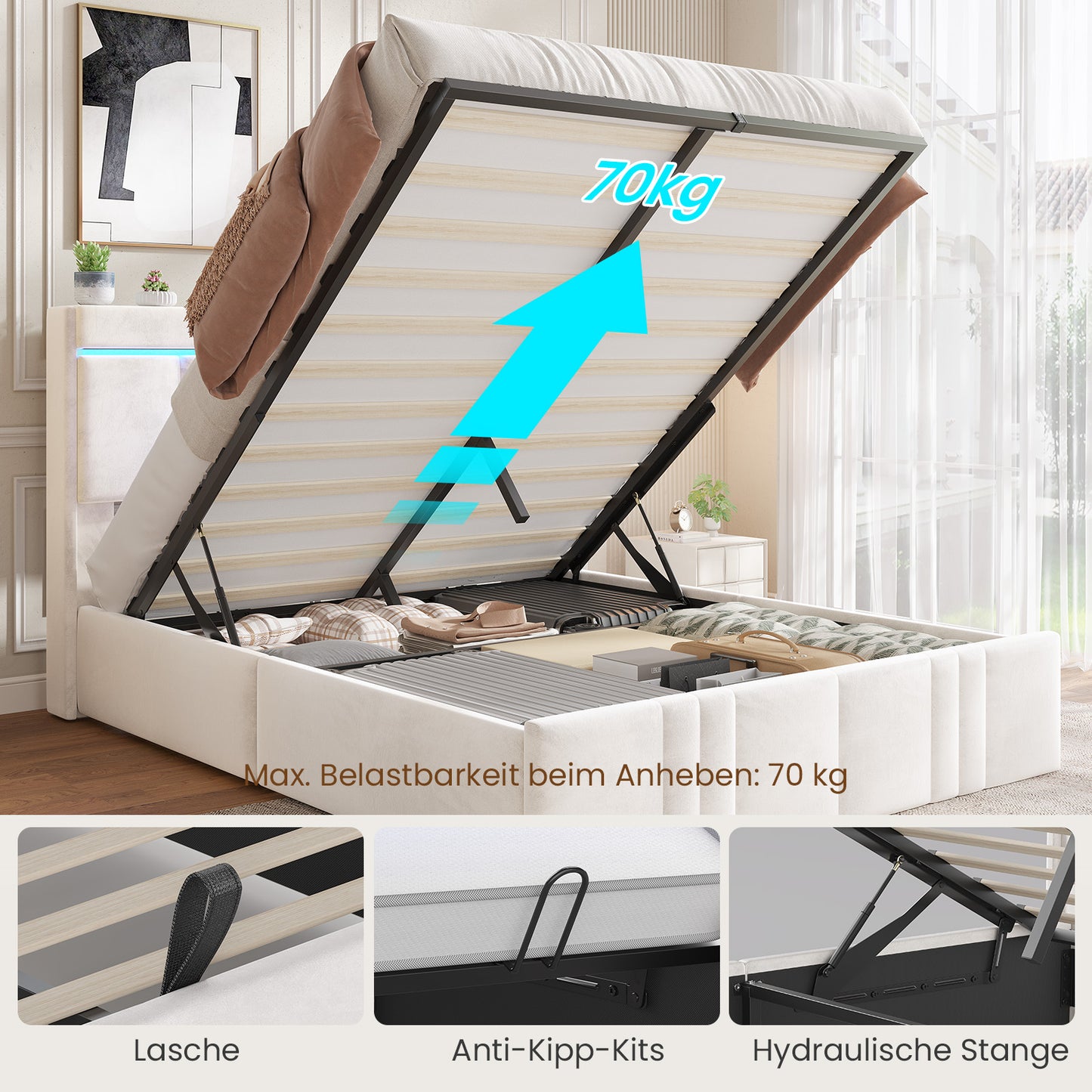 AOGLLATI  140x200Lit double  avec nombreux espaces de rangement éclairage LED port USB et multiprise avec tête de lit rembourrée