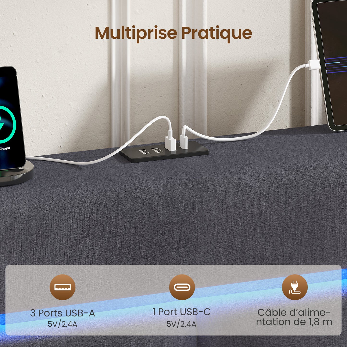 AOGLLATI  140x200Lit double  avec nombreux espaces de rangement éclairage LED port USB et multiprise avec tête de lit rembourrée