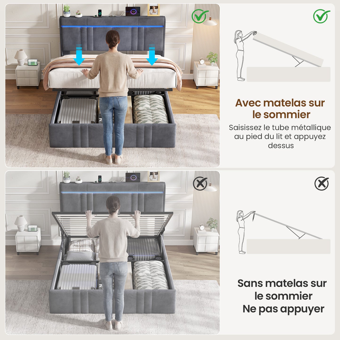 AOGLLATI  140x200Lit double  avec nombreux espaces de rangement éclairage LED port USB et multiprise avec tête de lit rembourrée