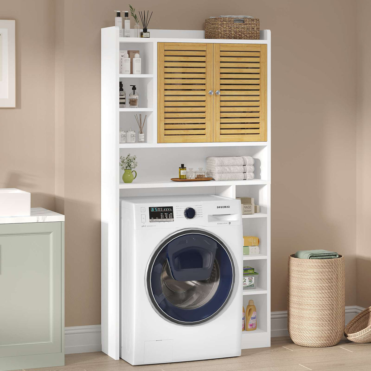 AOGLLATI Meuble Machine à Laver Meuble Toilettes WC Rangement avec 7 Compartiments Armoire de Salle de Bain avec Étagères réglables 173×82×20 cm