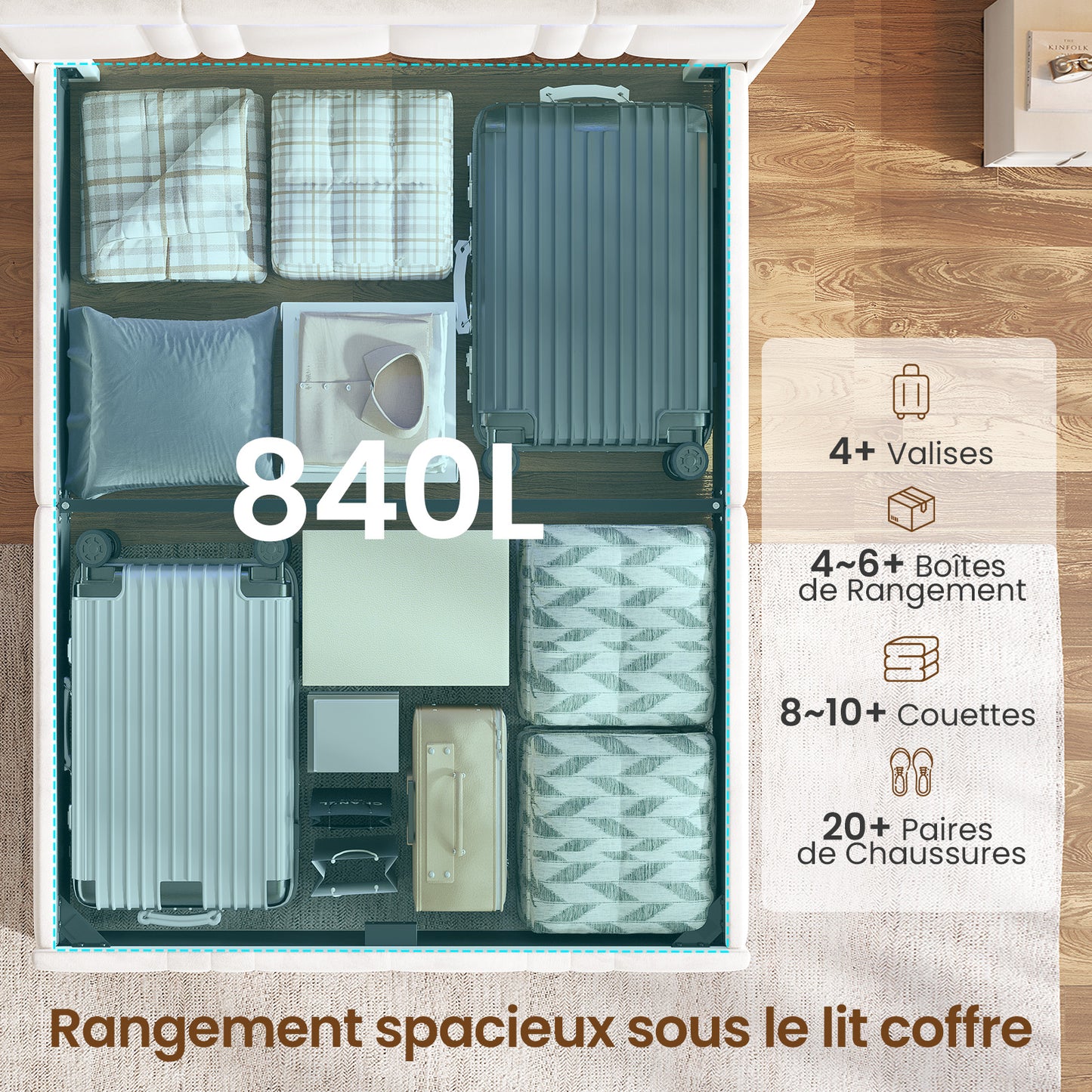 AOGLLATI  140x200Lit double  avec nombreux espaces de rangement éclairage LED port USB et multiprise avec tête de lit rembourrée