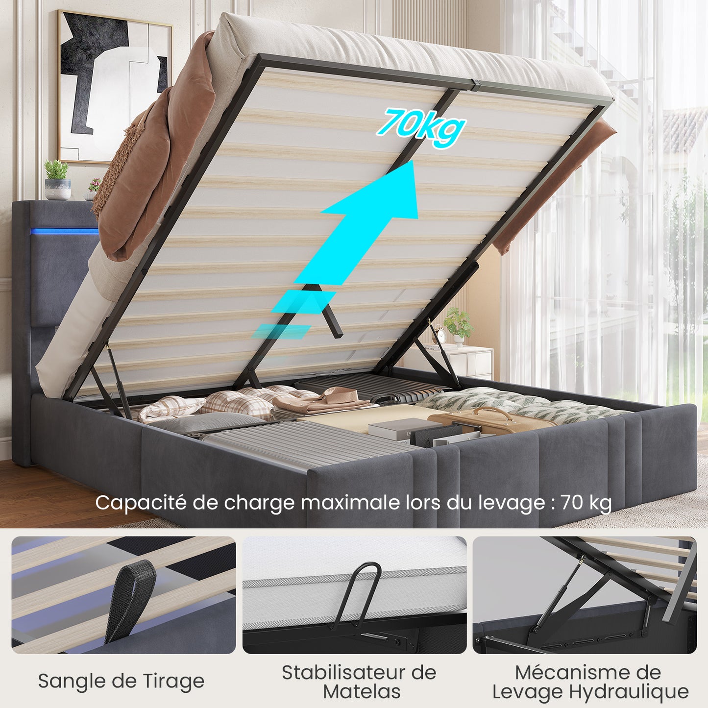 AOGLLATI  160x200Lit double  avec nombreux espaces de rangement éclairage LED port USB et multiprise avec tête de lit rembourrée