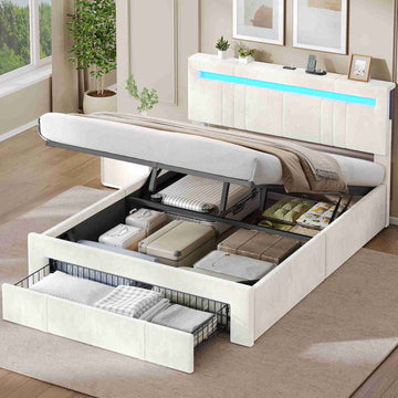 AOGLLATI  Lit avec rangement équipé d'un éclairage LED d'un port USB et d'un grand tiroir  tête de lit réglable sur deux hauteurs (beige 140 x 190 cm)