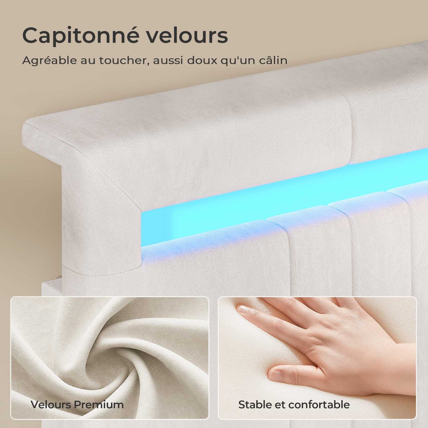 AOGLLATI  Lit avec rangement équipé d'un éclairage LED d'un port USB et d'un grand tiroir  tête de lit réglable sur deux hauteurs (beige 140 x 190 cm)
