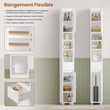 AOGLLATI Meuble de salle de bains meuble de rangement avec étagères réglables équipé de tiroirs et d'un porte-papier toilette amovible blanc 20 x 20 x 180 cm