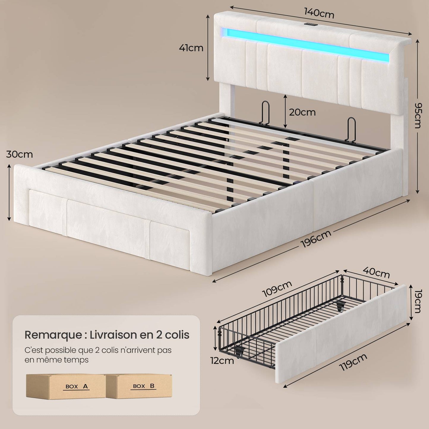 AOGLLATI  Lit avec rangement équipé d'un éclairage LED d'un port USB et d'un grand tiroir  tête de lit réglable sur deux hauteurs (beige 140 x 190 cm)