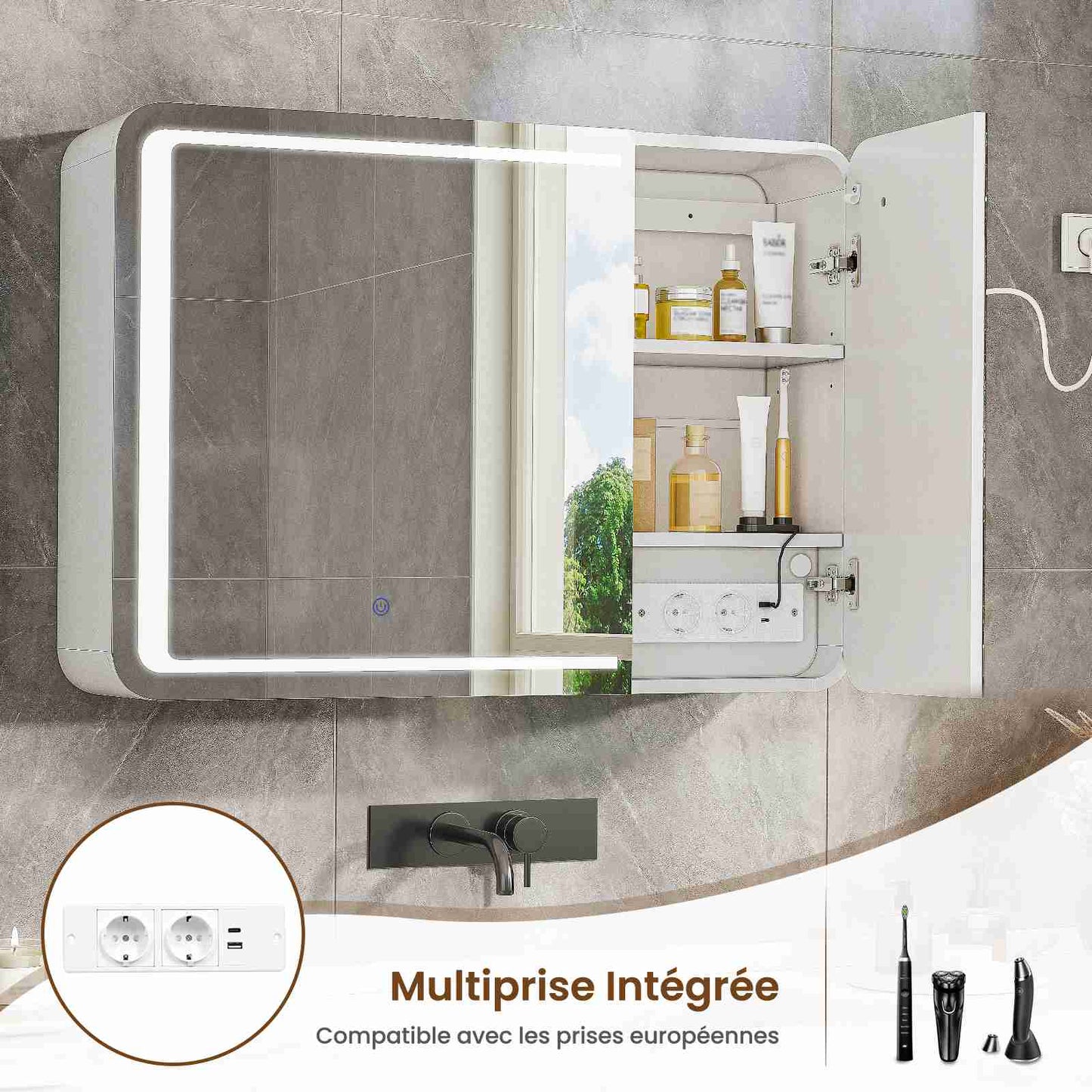 AOGLLATI Armoire de salle de bains murale avec éclairage LED et prise électrique 3 étagères réglables 16 x 80 x 60 cm blanche