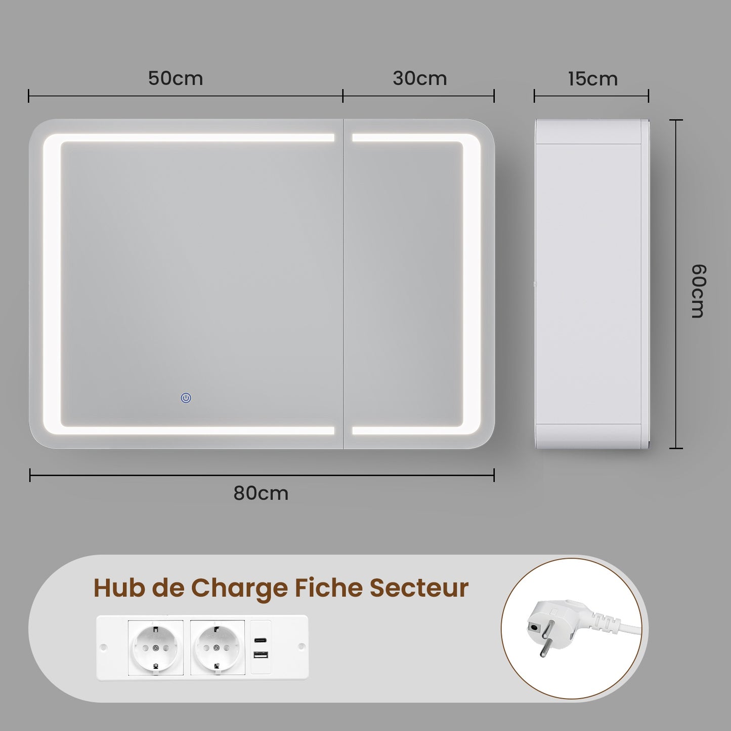AOGLLATI Armoire de salle de bains murale avec éclairage LED et prise électrique 3 étagères réglables 16 x 80 x 60 cm blanche