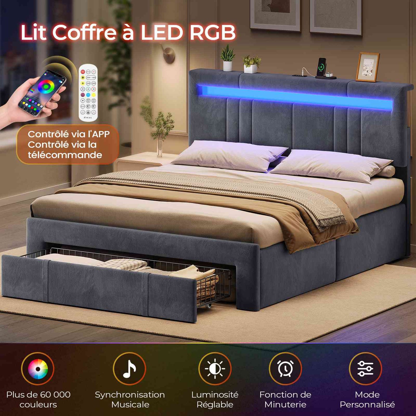 AOGLLATI  Lit avec rangement équipé d'un éclairage LED d'un port USB et d'un grand tiroir  tête de lit réglable sur deux hauteurs  160 x 200 cm