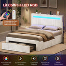 AOGLLATI  Lit avec rangement équipé d'un éclairage LED d'un port USB et d'un grand tiroir  tête de lit réglable sur deux hauteurs (beige 140 x 190 cm)
