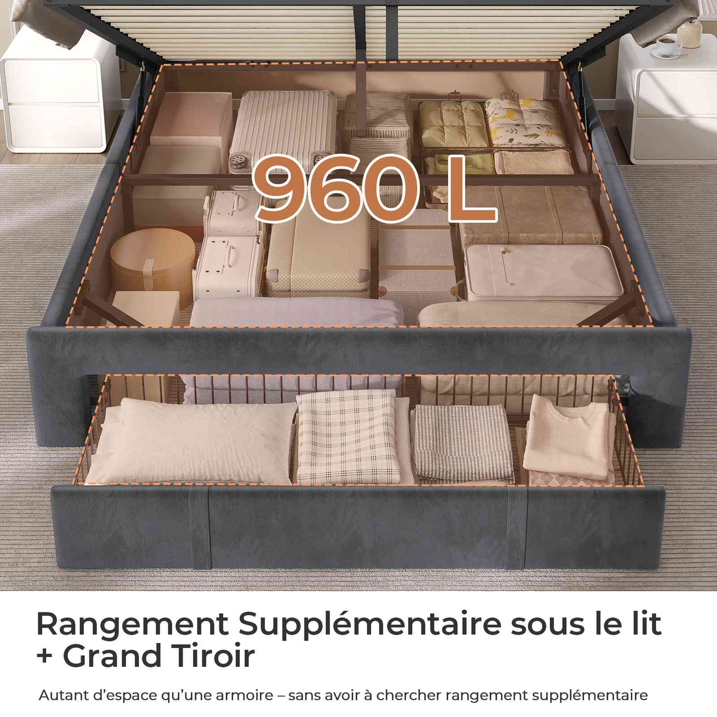 AOGLLATI  Lit avec rangement équipé d'un éclairage LED d'un port USB et d'un grand tiroir  tête de lit réglable sur deux hauteurs  160 x 200 cm