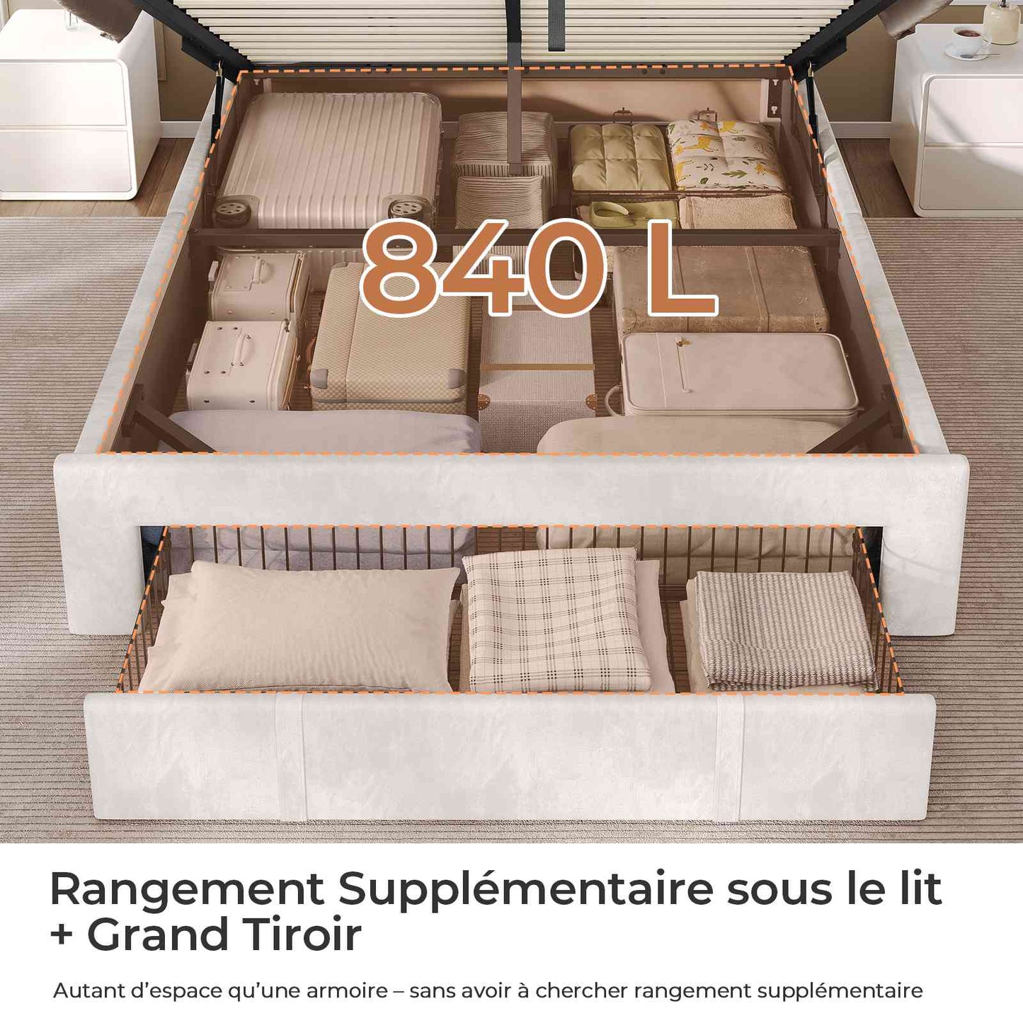 AOGLLATI  Lit avec rangement équipé d'un éclairage LED d'un port USB et d'un grand tiroir  tête de lit réglable sur deux hauteurs (beige 140 x 190 cm)